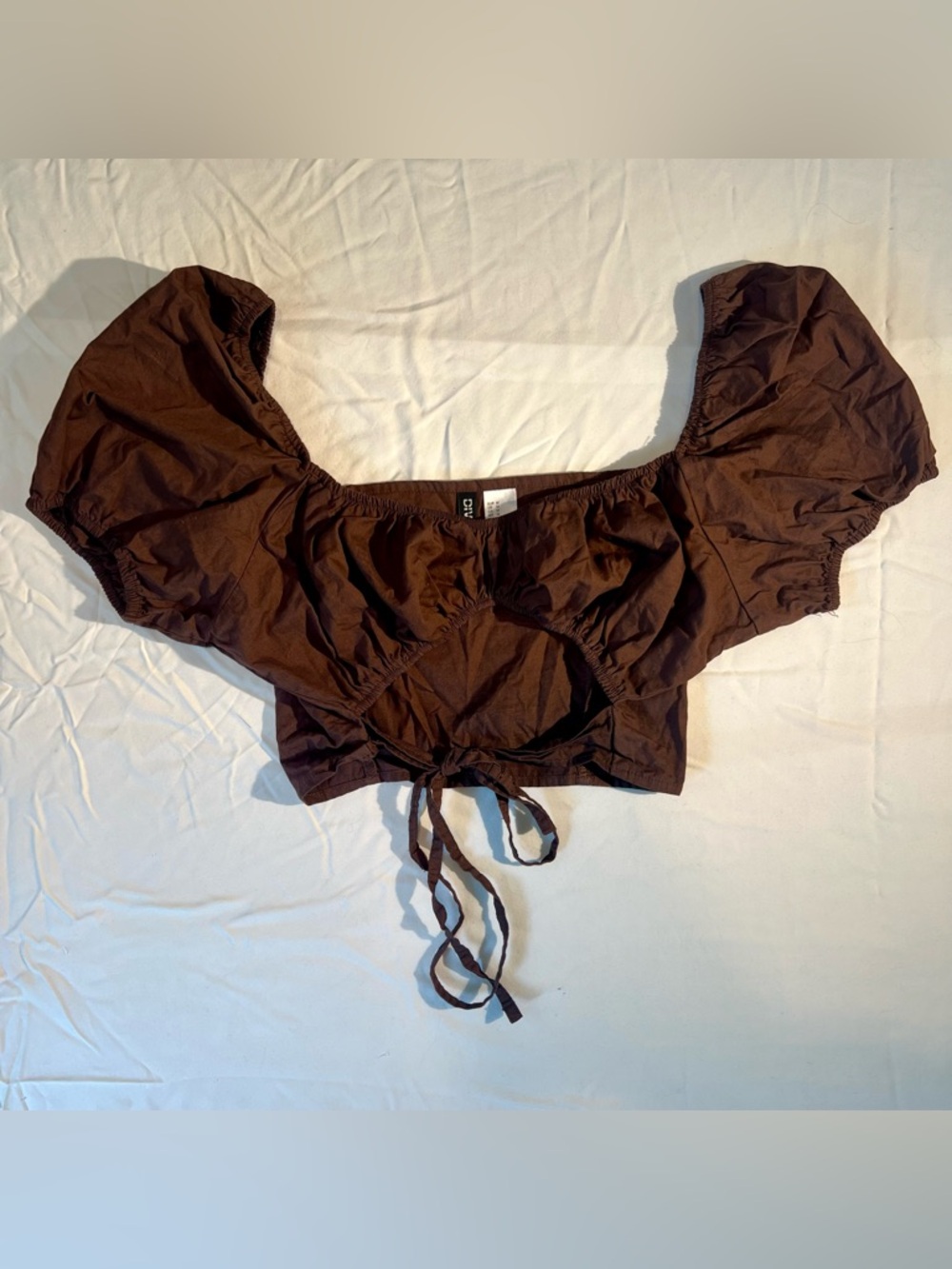 Women's Brown Puff Sleeve Tie-Front Crop Top